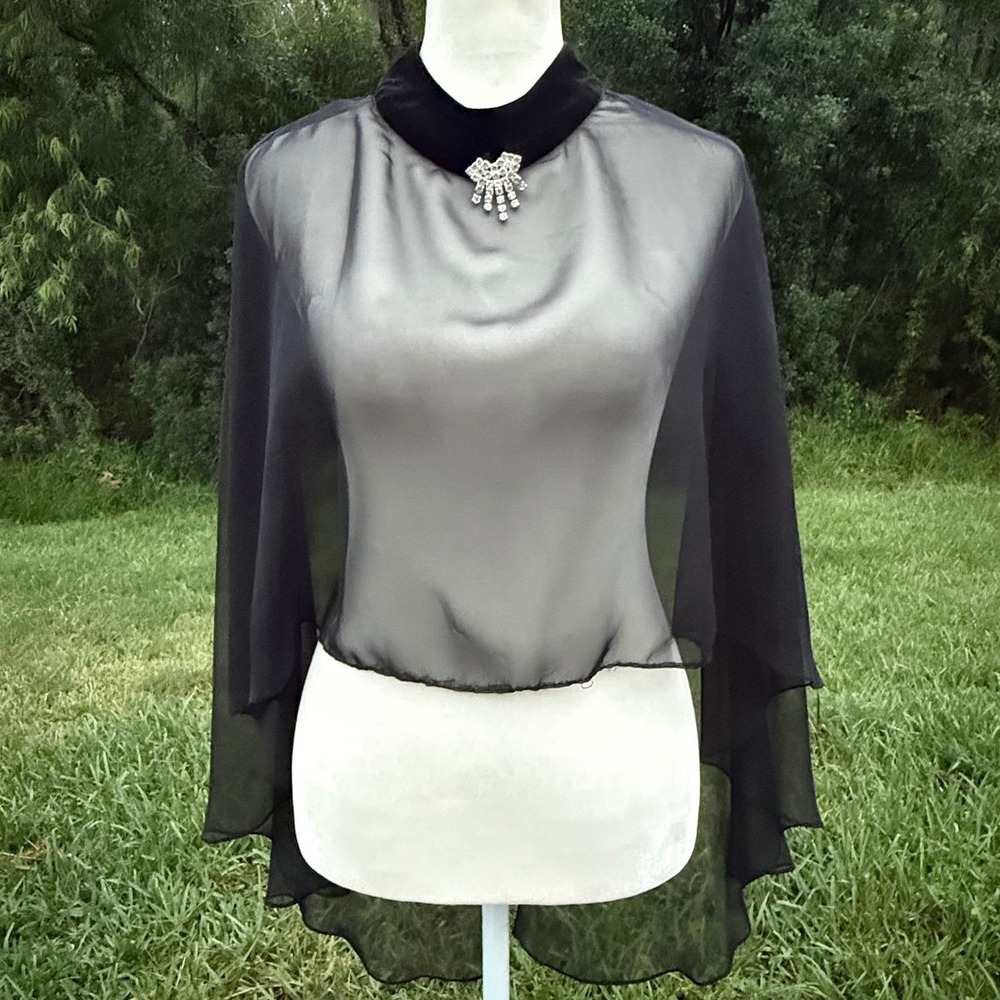 True Vintage Sheer Witchy Velvet Neck Shrug Gothic Dark Romance Women OS Black